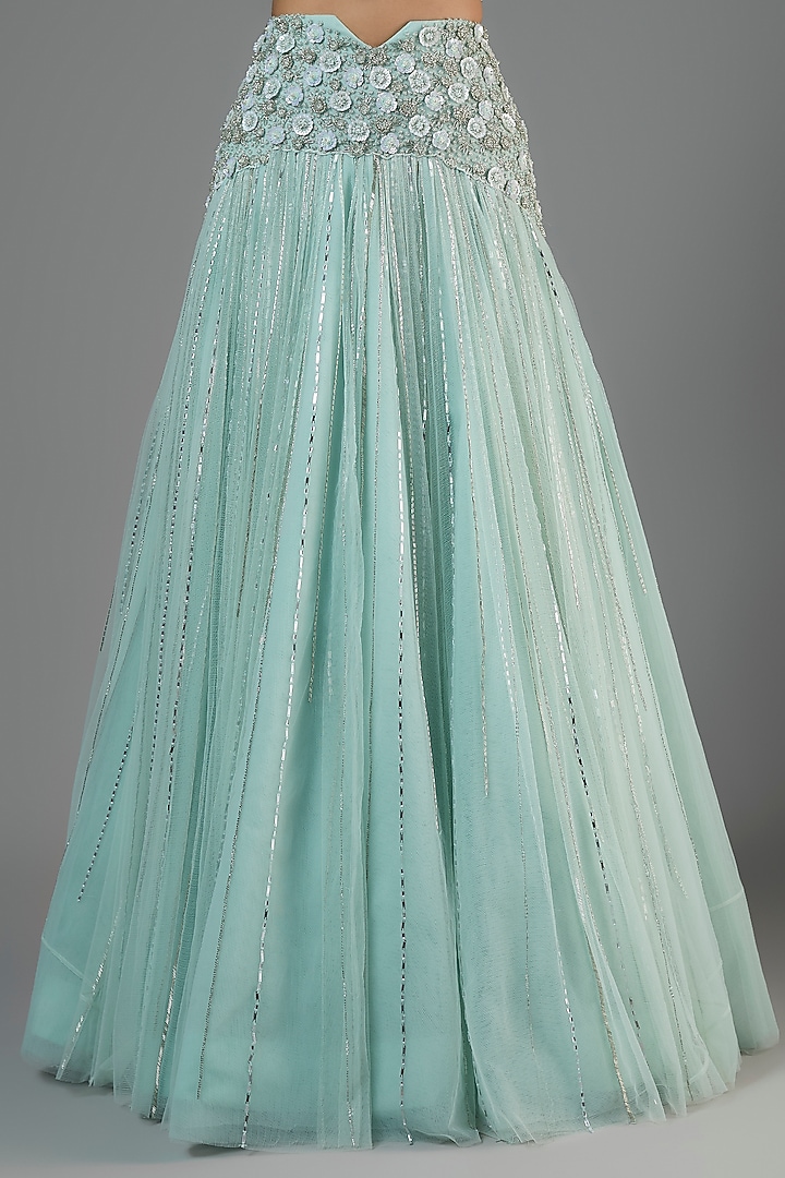 Powder Blue Net Hand Embroidered Wedding Lehenga Set by COUTURE BY NIHARIKA at Pernia's Pop Up Shop