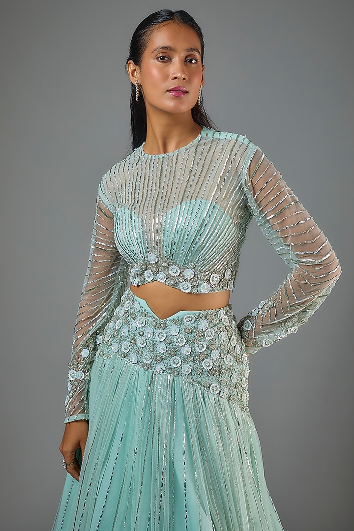 Powder Blue Net Hand Embroidered Wedding Lehenga Set by COUTURE BY NIHARIKA at Pernia's Pop Up Shop