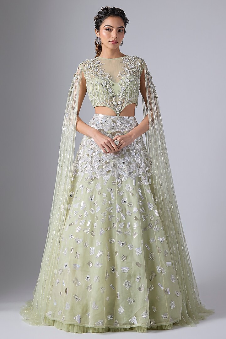 Mint Green Net & Organza Hand Embroidered Bridal Lehenga Set by COUTURE BY NIHARIKA at Pernia's Pop Up Shop