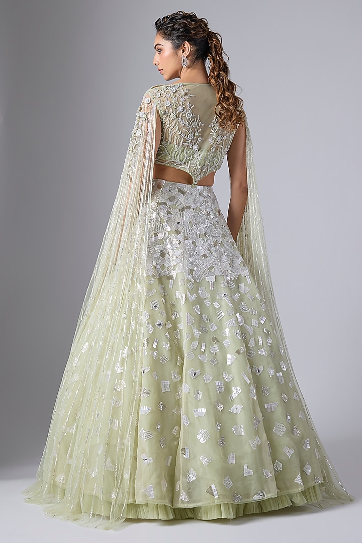 Mint Green Net & Organza Hand Embroidered Bridal Lehenga Set by COUTURE BY NIHARIKA at Pernia's Pop Up Shop
