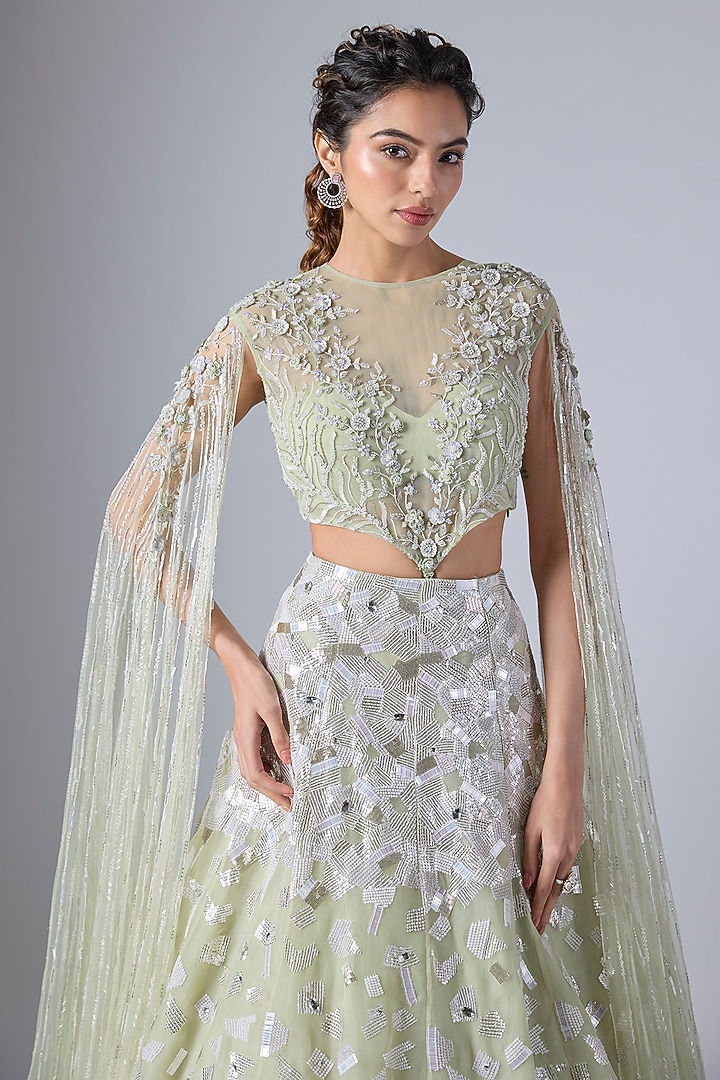 Mint Green Net & Organza Hand Embroidered Bridal Lehenga Set by COUTURE BY NIHARIKA at Pernia's Pop Up Shop