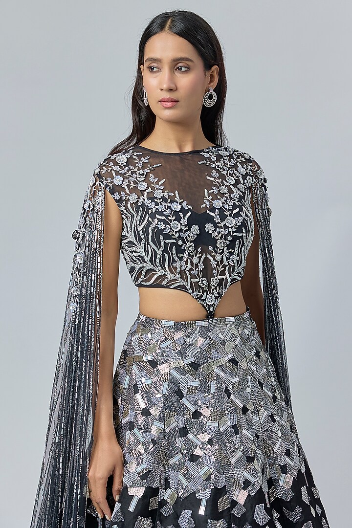 Black Net & Organza Hand Embroidered Bridal Lehenga Set by COUTURE BY NIHARIKA at Pernia's Pop Up Shop