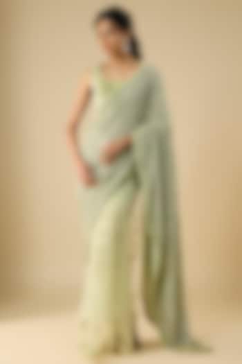 Mint Green Georgette Cutdana Embellished Reception Saree Set by COUTURE BY NIHARIKA at Pernia's Pop Up Shop