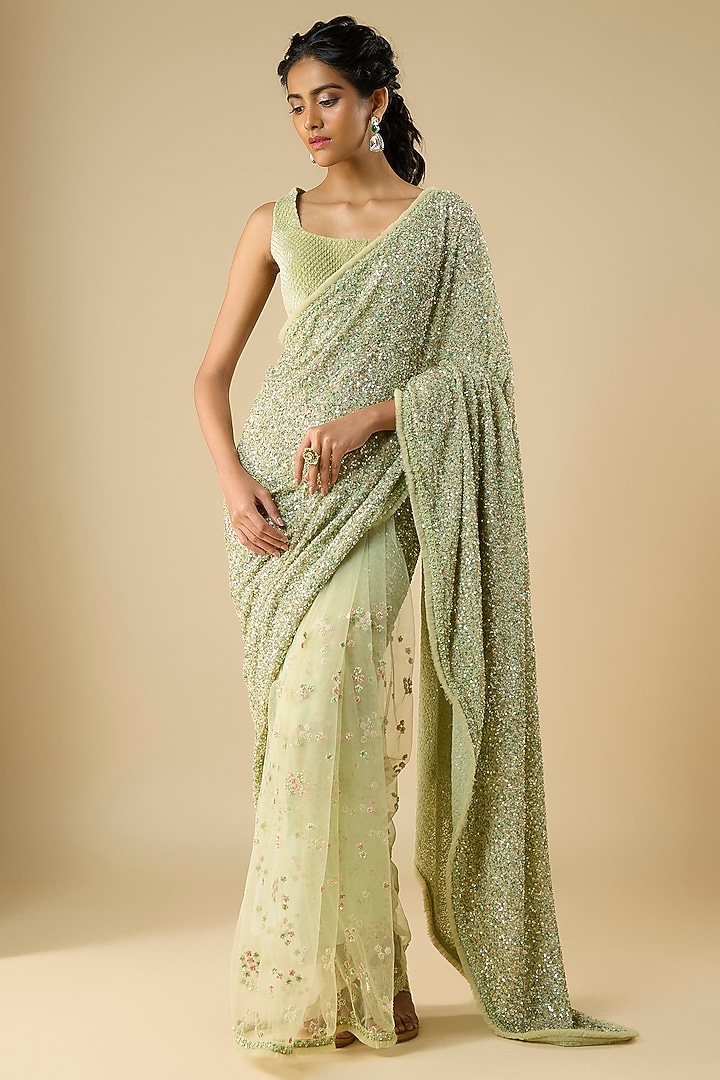 Mint Green Georgette Cutdana Embellished Reception Saree Set by COUTURE BY NIHARIKA at Pernia's Pop Up Shop