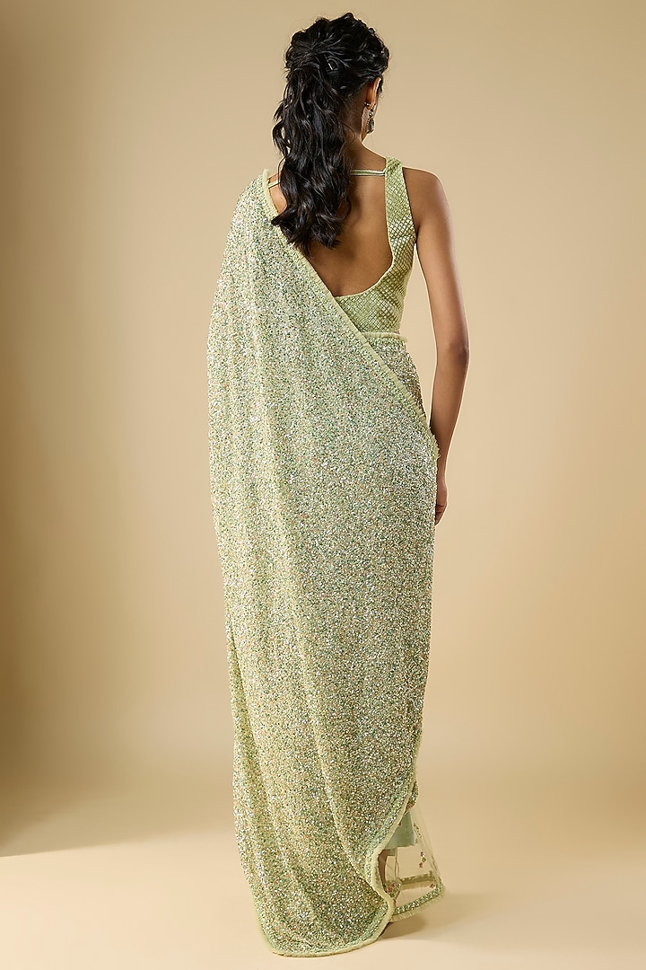 Mint Green Georgette Cutdana Embellished Reception Saree Set by COUTURE BY NIHARIKA at Pernia's Pop Up Shop