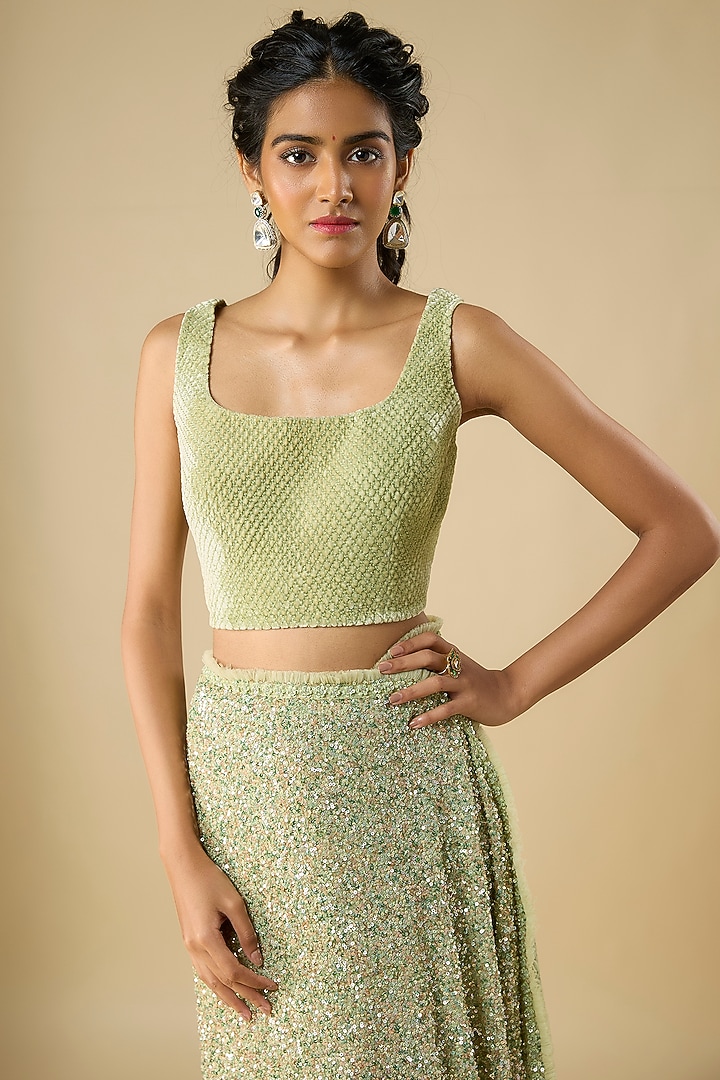 Mint Green Georgette Cutdana Embellished Reception Saree Set by COUTURE BY NIHARIKA at Pernia's Pop Up Shop