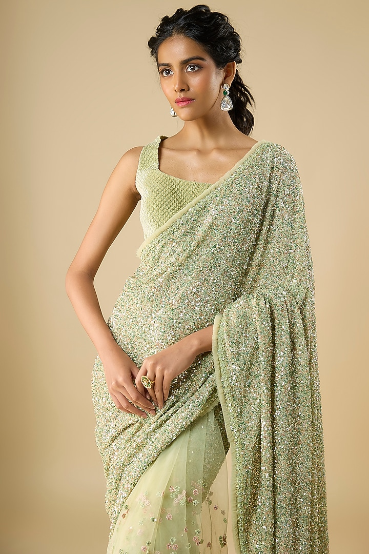 Mint Green Georgette Cutdana Embellished Reception Saree Set by COUTURE BY NIHARIKA at Pernia's Pop Up Shop