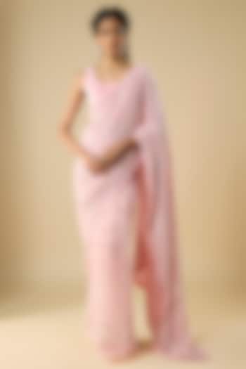 Powder Pink Georgette Cutdana Embellished Reception Saree Set by COUTURE BY NIHARIKA at Pernia's Pop Up Shop