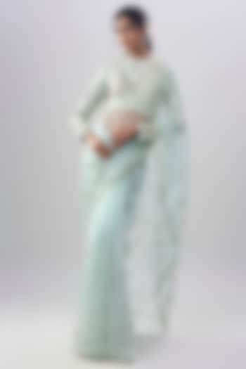 Powder Blue Organza Floral & Sequin Embroidered Reception Saree Set by COUTURE BY NIHARIKA at Pernia's Pop Up Shop