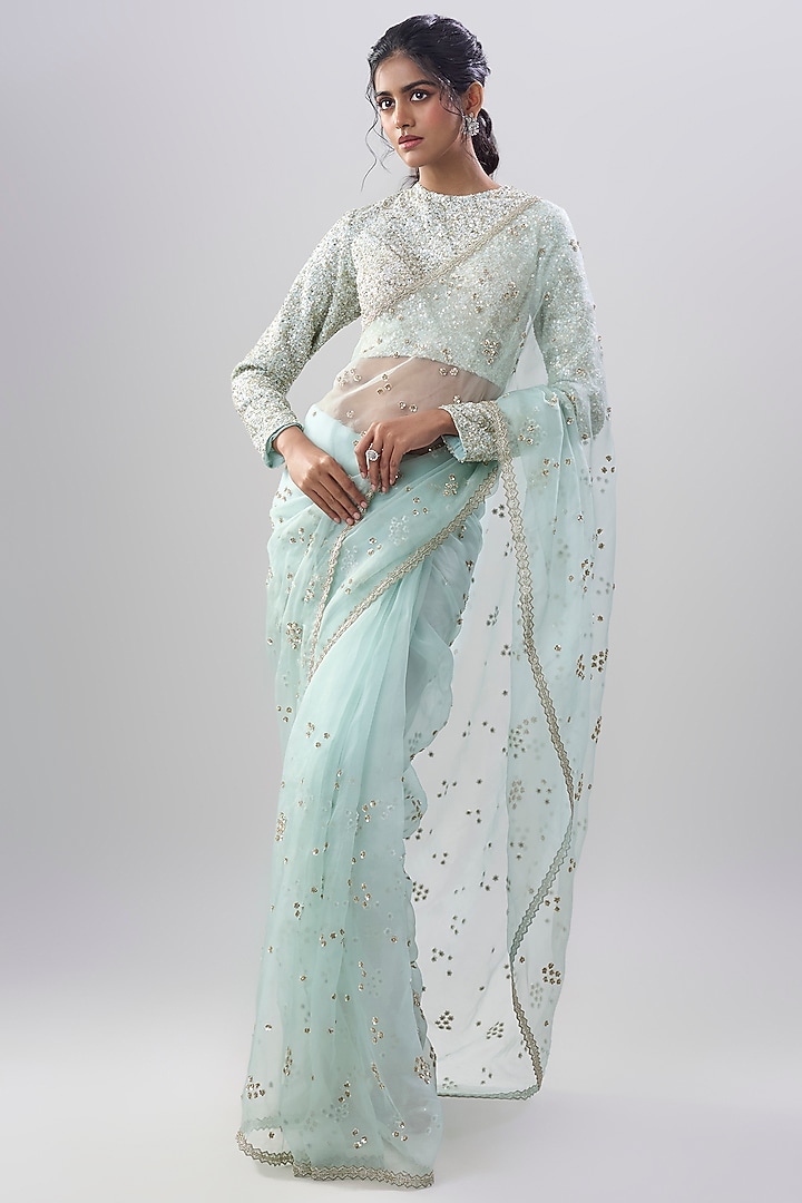 Powder Blue Organza Floral & Sequin Embroidered Reception Saree Set by COUTURE BY NIHARIKA at Pernia's Pop Up Shop