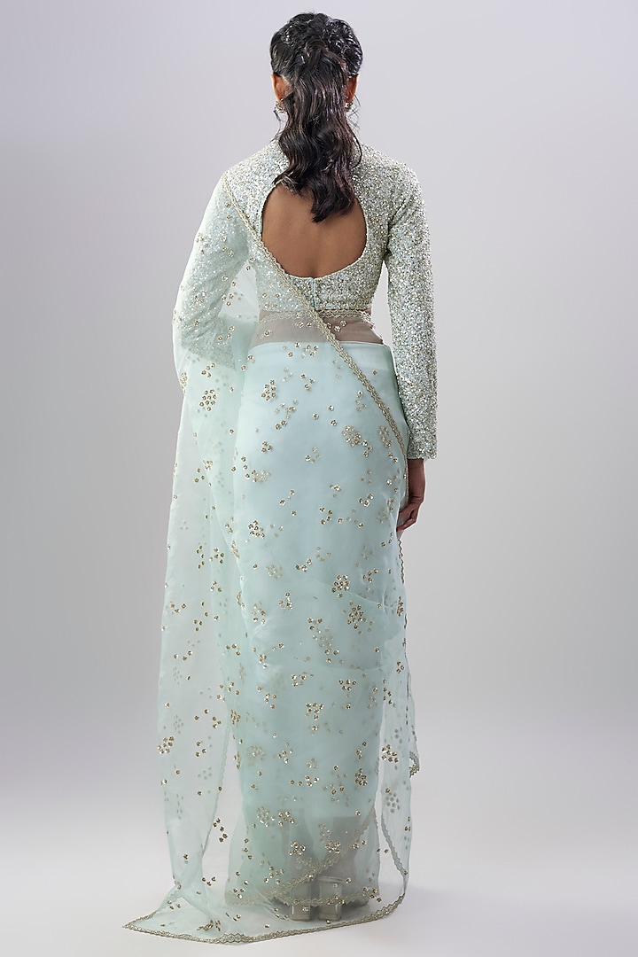 Powder Blue Organza Floral & Sequin Embroidered Reception Saree Set by COUTURE BY NIHARIKA at Pernia's Pop Up Shop