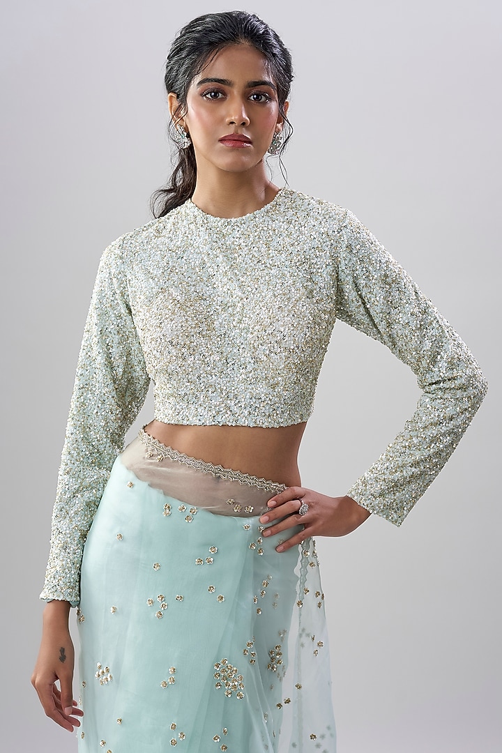 Powder Blue Organza Floral & Sequin Embroidered Reception Saree Set by COUTURE BY NIHARIKA at Pernia's Pop Up Shop