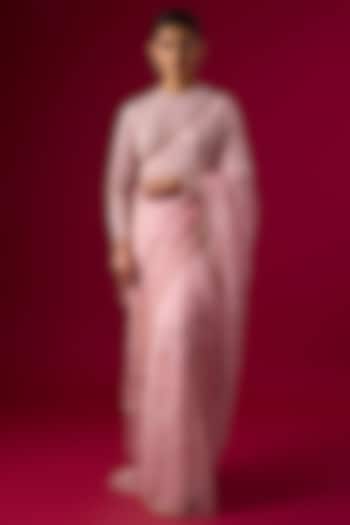 Pink Organza Floral & Sequin Embroidered Reception Saree Set by COUTURE BY NIHARIKA at Pernia's Pop Up Shop