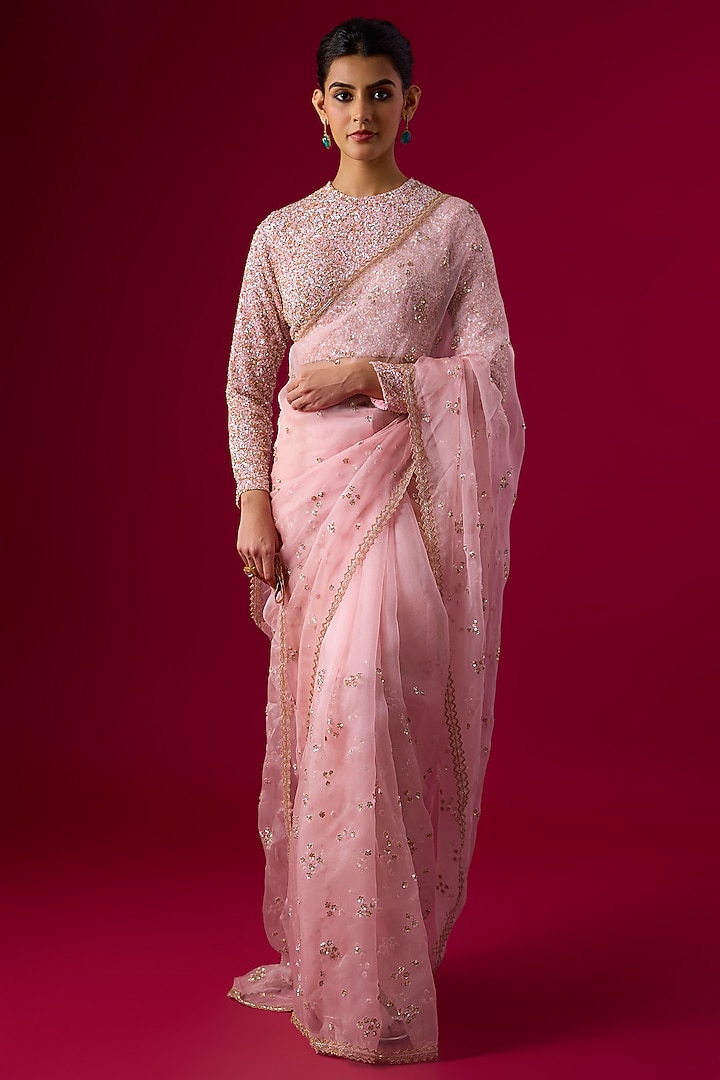 Pink Organza Floral & Sequin Embroidered Reception Saree Set by COUTURE BY NIHARIKA at Pernia's Pop Up Shop