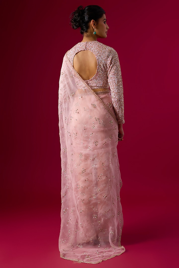 Pink Organza Floral & Sequin Embroidered Reception Saree Set by COUTURE BY NIHARIKA at Pernia's Pop Up Shop