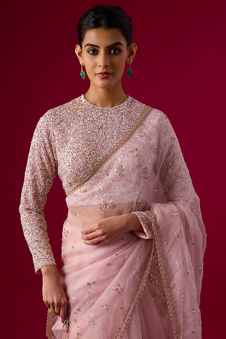 Pink Organza Floral & Sequin Embroidered Reception Saree Set by COUTURE BY NIHARIKA at Pernia's Pop Up Shop