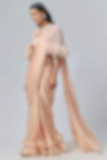 Beige Satin Georgette Cutdana Embroidered Draped Reception Saree Set by COUTURE BY NIHARIKA at Pernia's Pop Up Shop