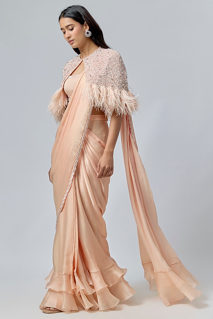 Beige Satin Georgette Cutdana Embroidered Draped Reception Saree Set by COUTURE BY NIHARIKA at Pernia's Pop Up Shop
