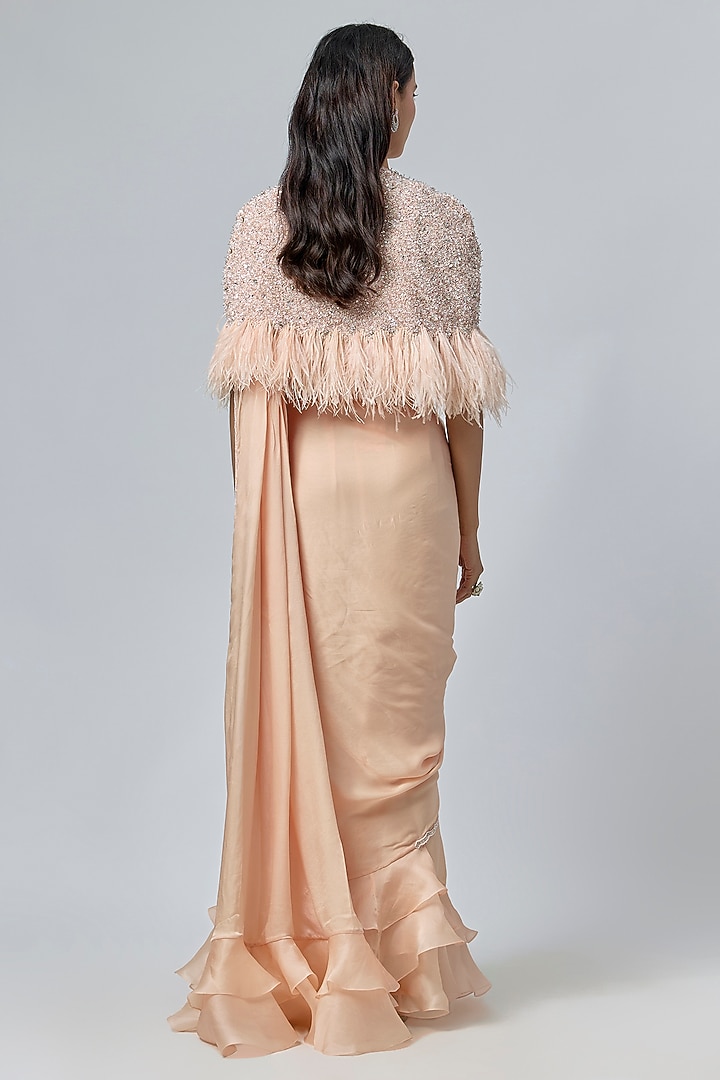 Beige Satin Georgette Cutdana Embroidered Draped Reception Saree Set by COUTURE BY NIHARIKA at Pernia's Pop Up Shop
