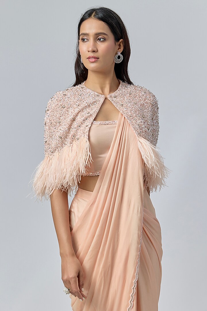 Beige Satin Georgette Cutdana Embroidered Draped Reception Saree Set by COUTURE BY NIHARIKA at Pernia's Pop Up Shop