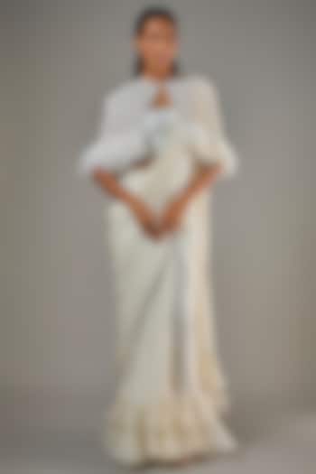 Ivory Satin Georgette & Viscose Jacket Reception Saree Set by COUTURE BY NIHARIKA at Pernia's Pop Up Shop