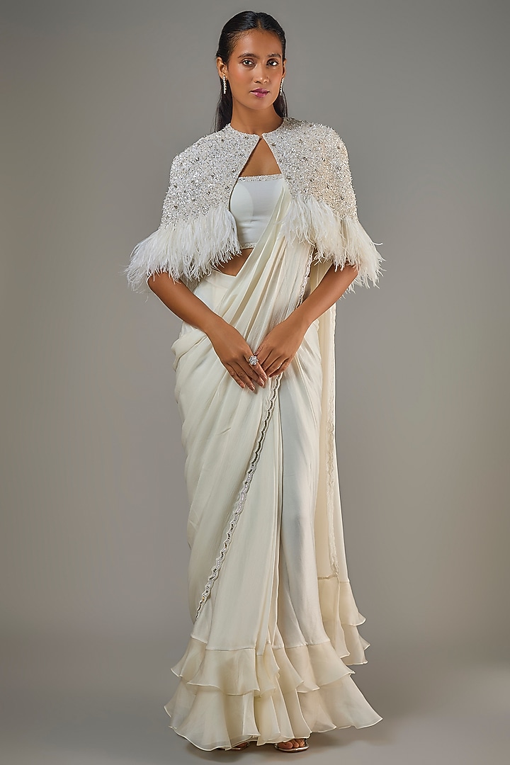 Ivory Satin Georgette & Viscose Jacket Reception Saree Set by COUTURE BY NIHARIKA at Pernia's Pop Up Shop