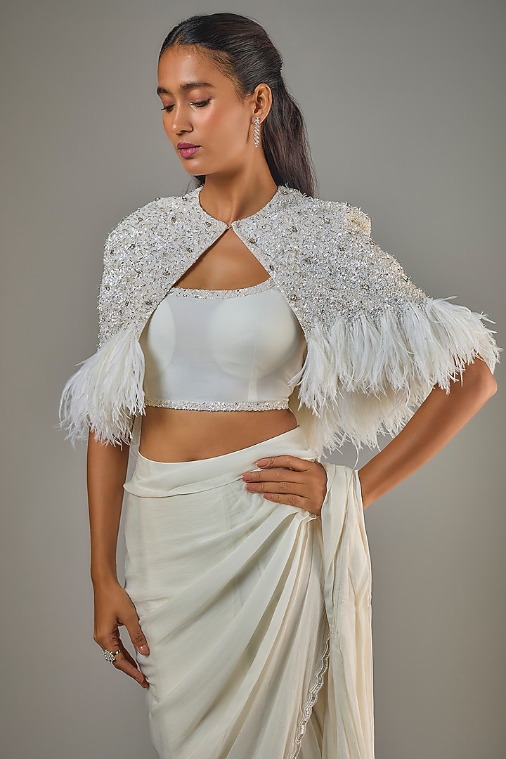 Ivory Satin Georgette & Viscose Jacket Reception Saree Set by COUTURE BY NIHARIKA at Pernia's Pop Up Shop