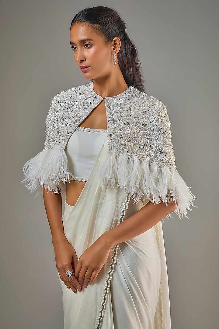 Ivory Satin Georgette & Viscose Jacket Reception Saree Set by COUTURE BY NIHARIKA at Pernia's Pop Up Shop