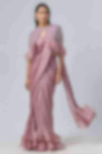 Dusty Purple Satin Georgette Cutdana Embroidered Draped Reception Saree Set by COUTURE BY NIHARIKA at Pernia's Pop Up Shop