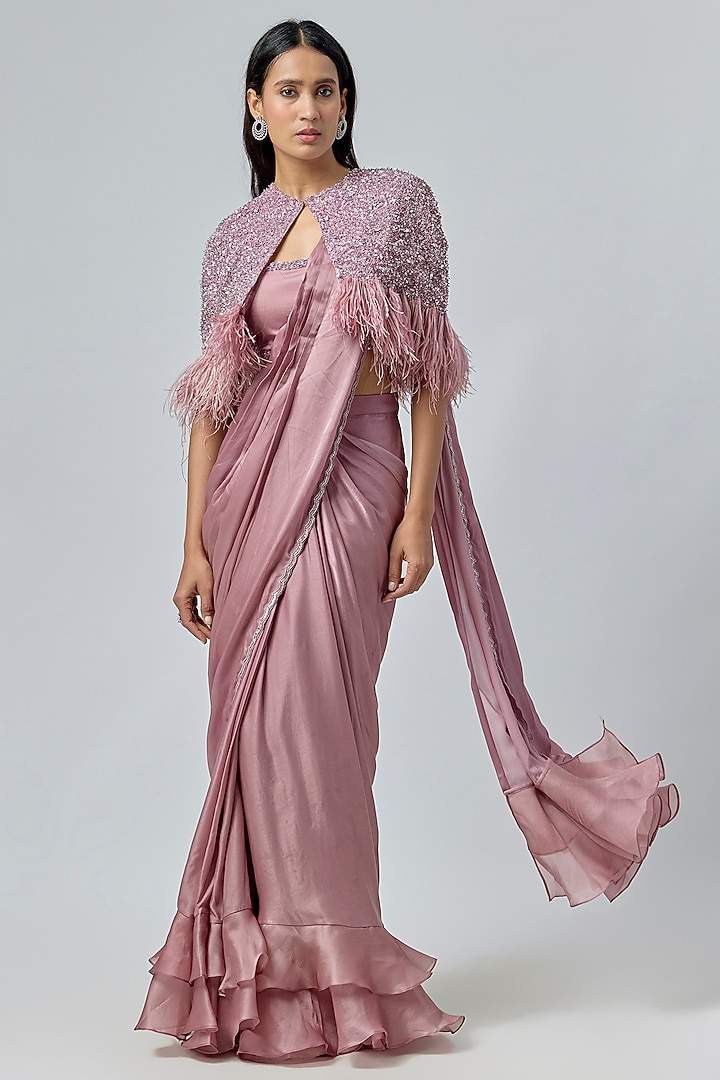 Dusty Purple Satin Georgette Cutdana Embroidered Draped Reception Saree Set by COUTURE BY NIHARIKA at Pernia's Pop Up Shop