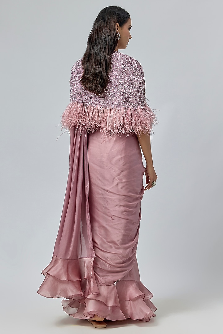 Dusty Purple Satin Georgette Cutdana Embroidered Draped Reception Saree Set by COUTURE BY NIHARIKA at Pernia's Pop Up Shop