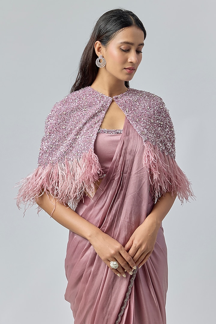 Dusty Purple Satin Georgette Cutdana Embroidered Draped Reception Saree Set by COUTURE BY NIHARIKA at Pernia's Pop Up Shop