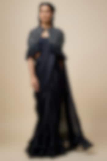 Black Satin Georgette & Viscose Georgette Cutdana Embroidered Ruffled Reception Saree Set by COUTURE BY NIHARIKA at Pernia's Pop Up Shop