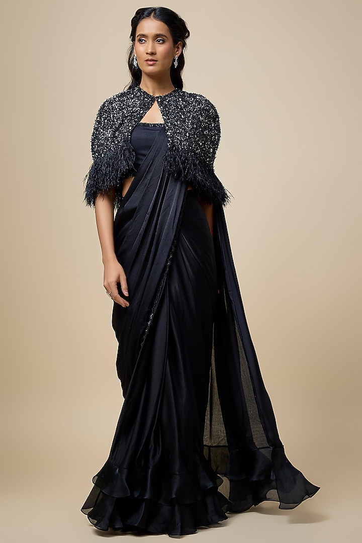 Black Satin Georgette & Viscose Georgette Cutdana Embroidered Ruffled Reception Saree Set by COUTURE BY NIHARIKA at Pernia's Pop Up Shop