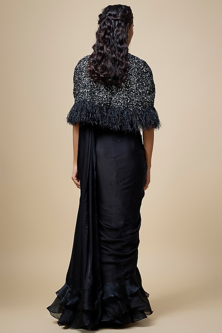 Black Satin Georgette & Viscose Georgette Cutdana Embroidered Ruffled Reception Saree Set by COUTURE BY NIHARIKA at Pernia's Pop Up Shop