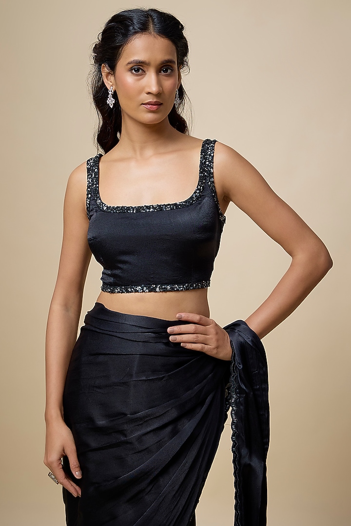 Black Satin Georgette & Viscose Georgette Cutdana Embroidered Ruffled Reception Saree Set by COUTURE BY NIHARIKA at Pernia's Pop Up Shop