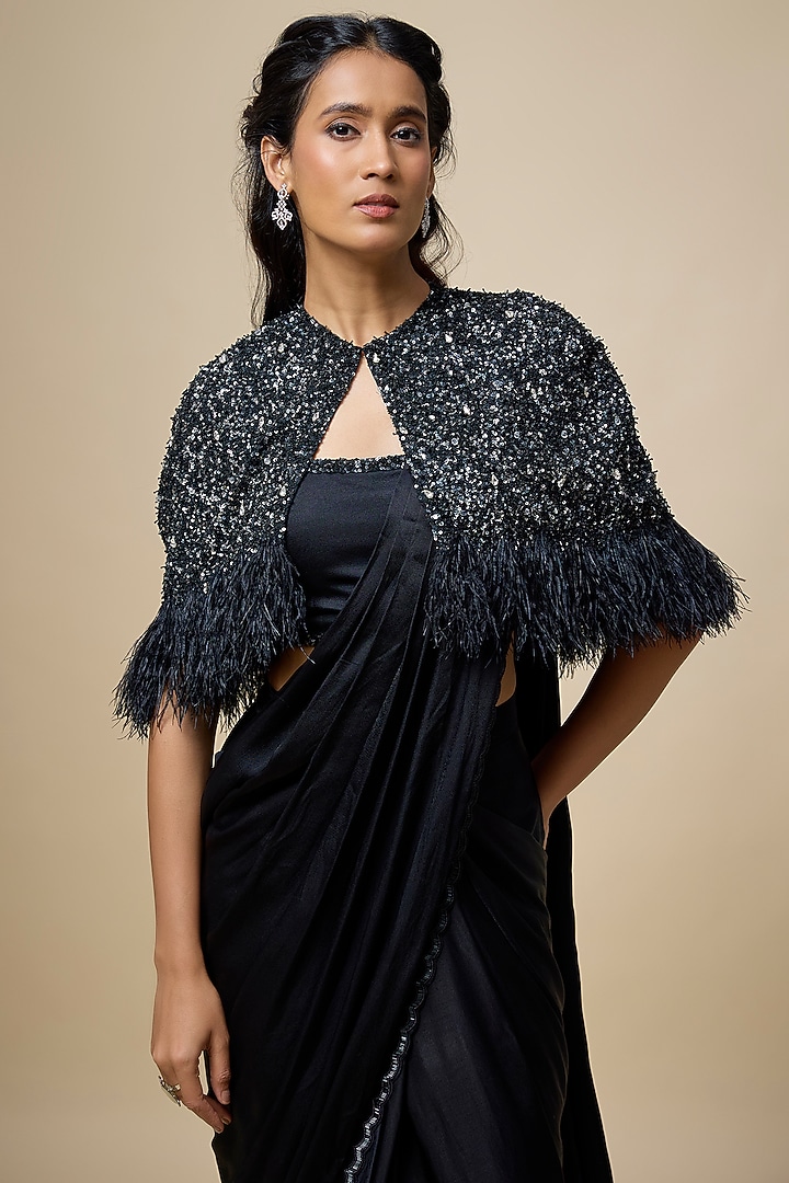 Black Satin Georgette & Viscose Georgette Cutdana Embroidered Ruffled Reception Saree Set by COUTURE BY NIHARIKA at Pernia's Pop Up Shop