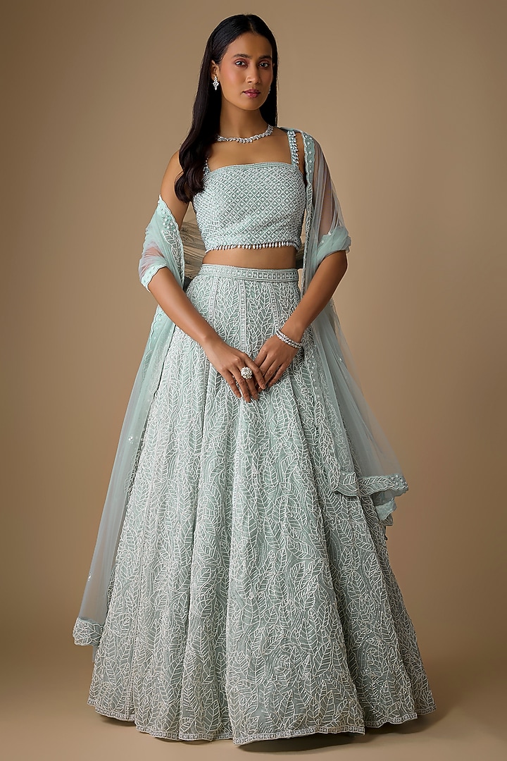 Blue Organza & Net Cutdana Embroidered Wedding Lehenga Set by COUTURE BY NIHARIKA at Pernia's Pop Up Shop