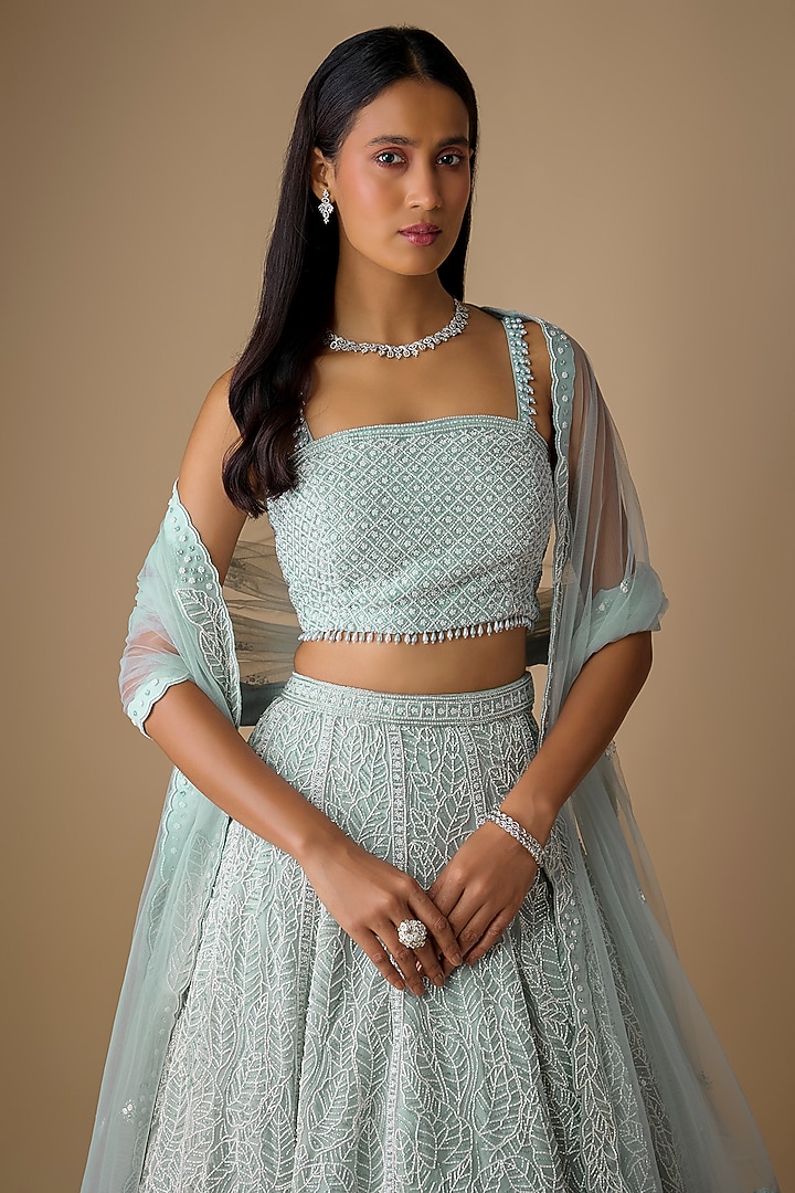 Blue Organza & Net Cutdana Embroidered Wedding Lehenga Set by COUTURE BY NIHARIKA at Pernia's Pop Up Shop