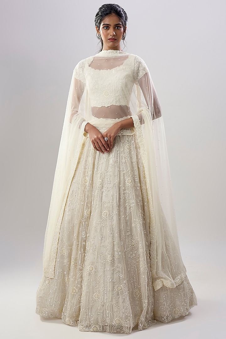 Off-White Organza & Net Embroidered Wedding Lehenga Set by COUTURE BY NIHARIKA at Pernia's Pop Up Shop