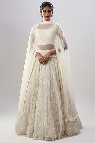 Off-White Organza & Net Embroidered Lehenga Set by COUTURE BY NIHARIKA