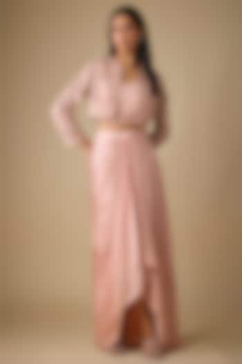 Peach Satin Draped Skirt Set by COUTURE BY NIHARIKA at Pernia's Pop Up Shop