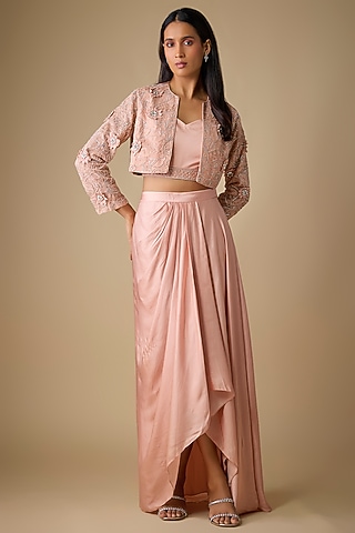 Peach Satin Draped Skirt Set by COUTURE BY NIHARIKA