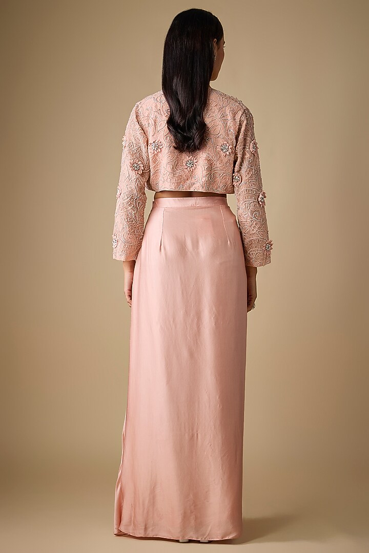 Peach Satin Draped Skirt Set by COUTURE BY NIHARIKA at Pernia's Pop Up Shop