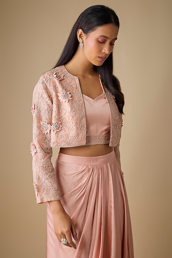 Peach Satin Draped Skirt Set by COUTURE BY NIHARIKA at Pernia's Pop Up Shop