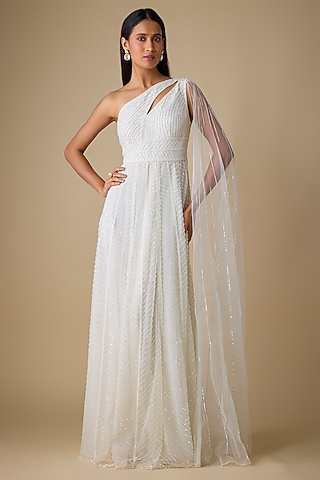 Ivory Net & Organza Sequins Embroidered Gown by COUTURE BY NIHARIKA
