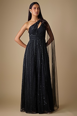 Black Net & Organza Sequins Embroidered Gown by COUTURE BY NIHARIKA