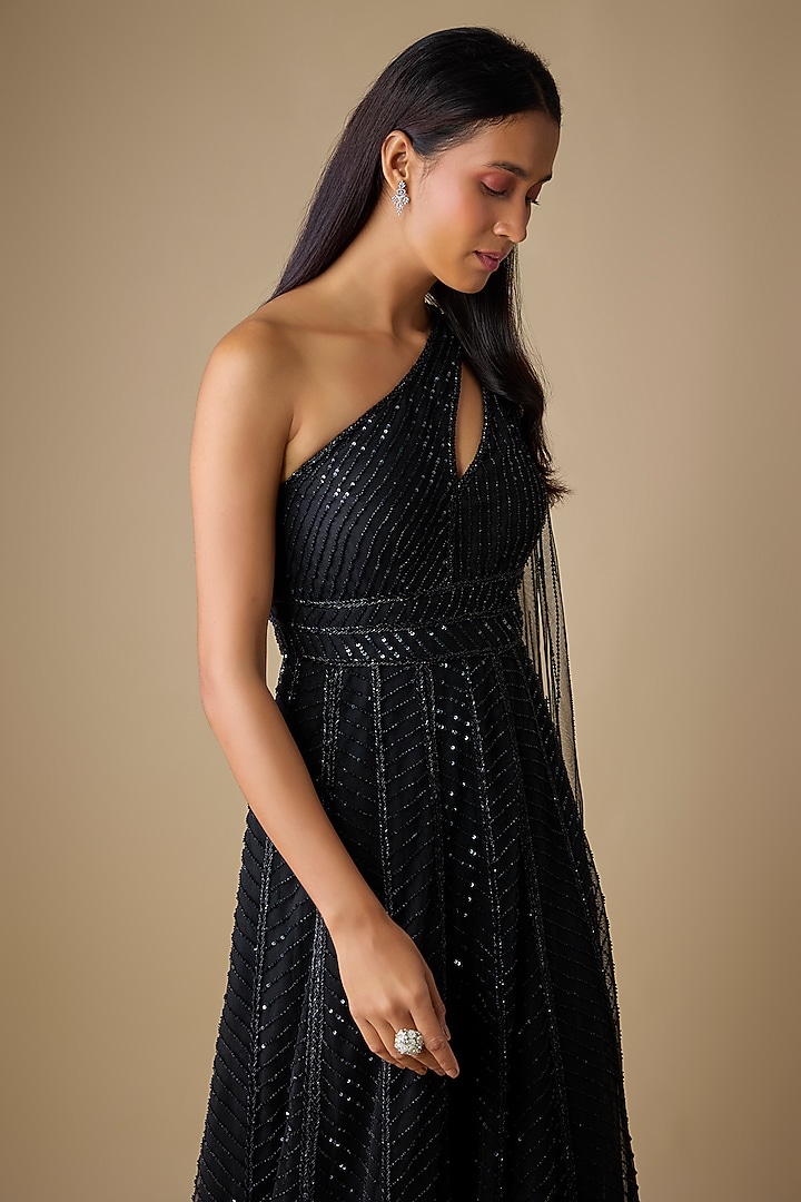 Black Net & Organza Sequins Embroidered Wedding Gown by COUTURE BY NIHARIKA at Pernia's Pop Up Shop