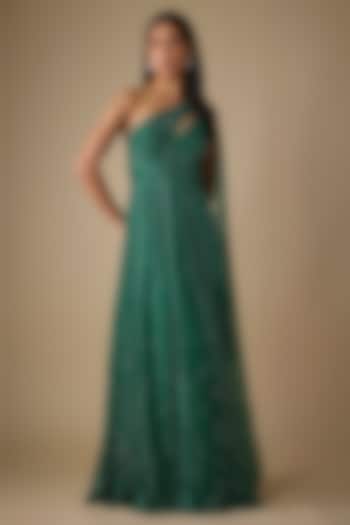Emerald Green Net & Organza Sequins Embroidered Wedding Gown by COUTURE BY NIHARIKA at Pernia's Pop Up Shop