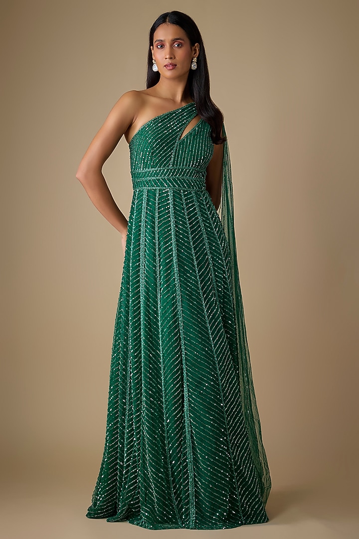 Emerald Green Net & Organza Sequins Embroidered Wedding Gown by COUTURE BY NIHARIKA at Pernia's Pop Up Shop